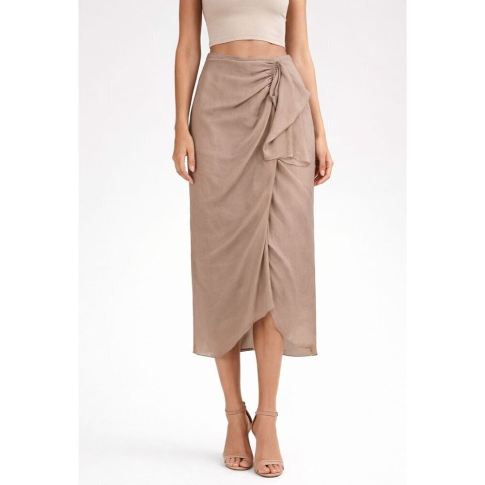 BCBGMaxAzria Stella Asymmetrical Gathered Midi Skirt in Beige Satin - Small